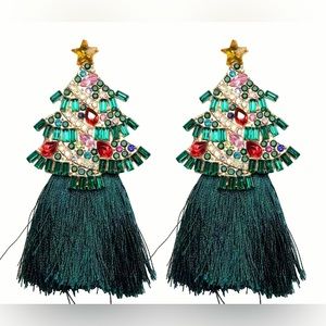 Hunter Green Bejewelled Fringe Earrings